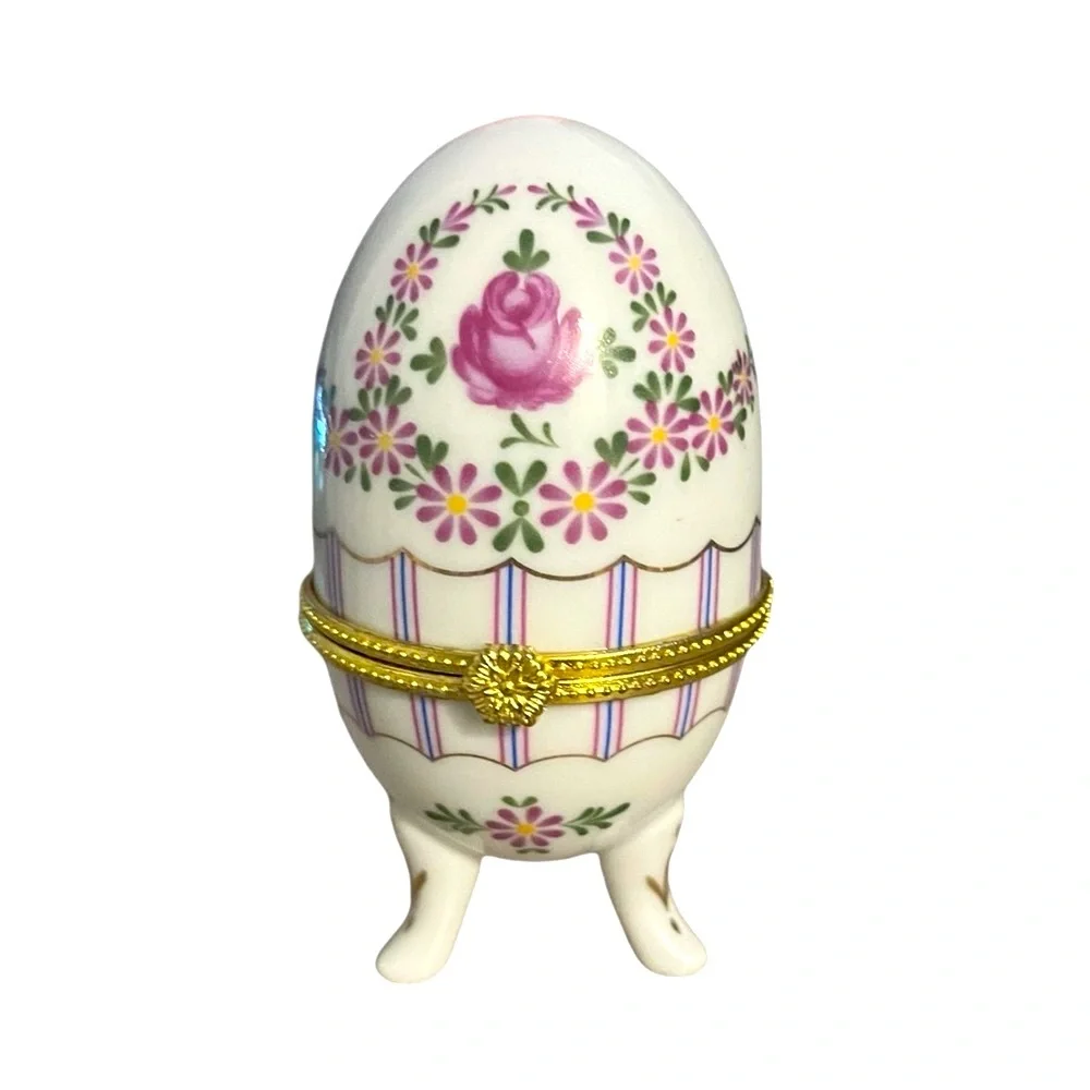 Vintage Faberge Porcelain Egg Trinket Box With Floral Design